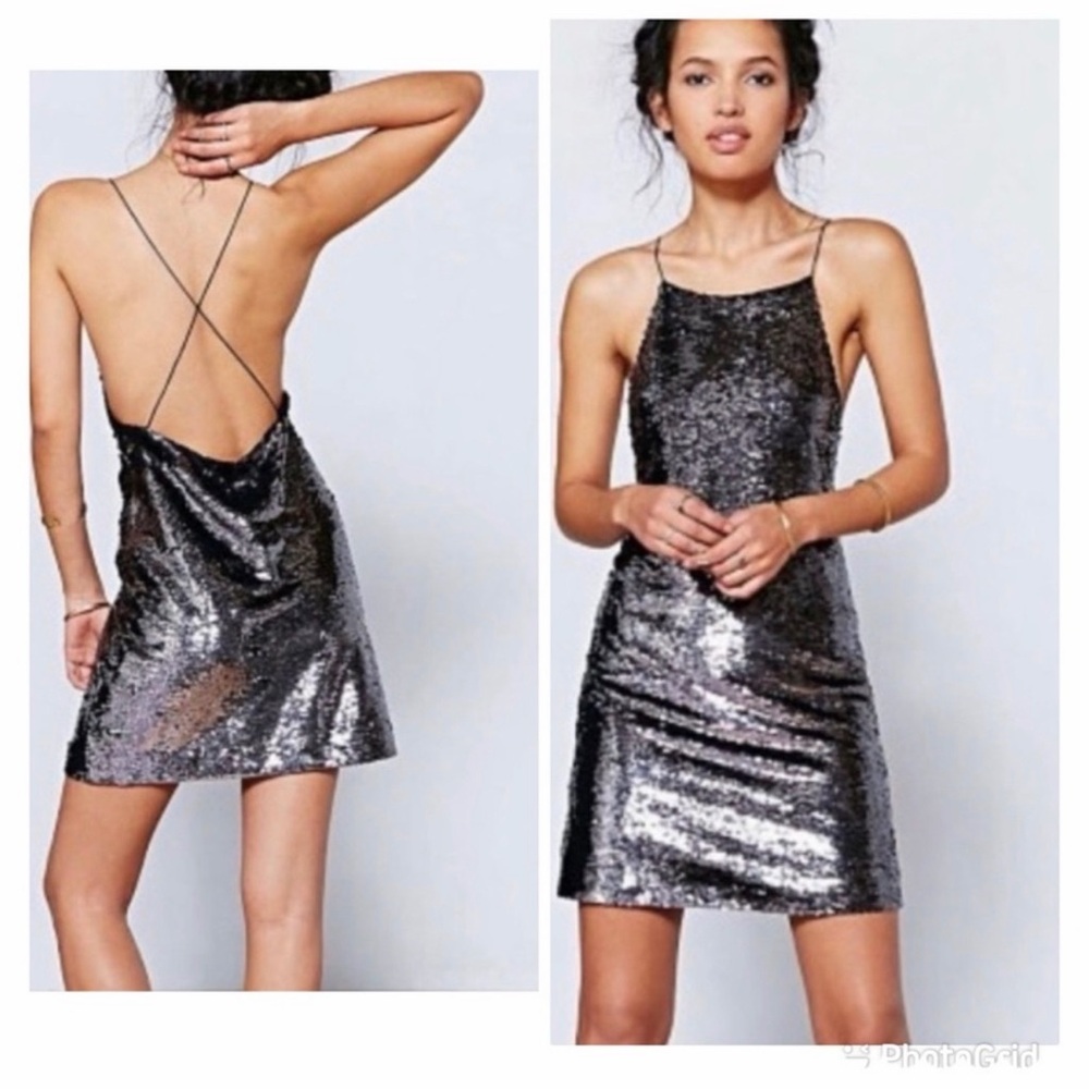 Ecote Shimmering Black/Silver Backless Dress